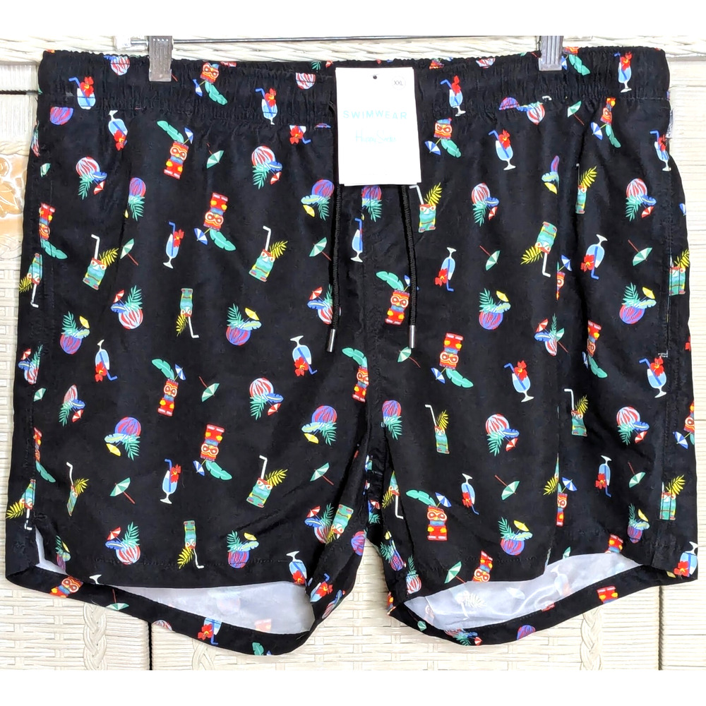 Happy Socks Swimwear Mens XXL Black Tiki Soda Print Trunks Lined NEW 5" Inseam